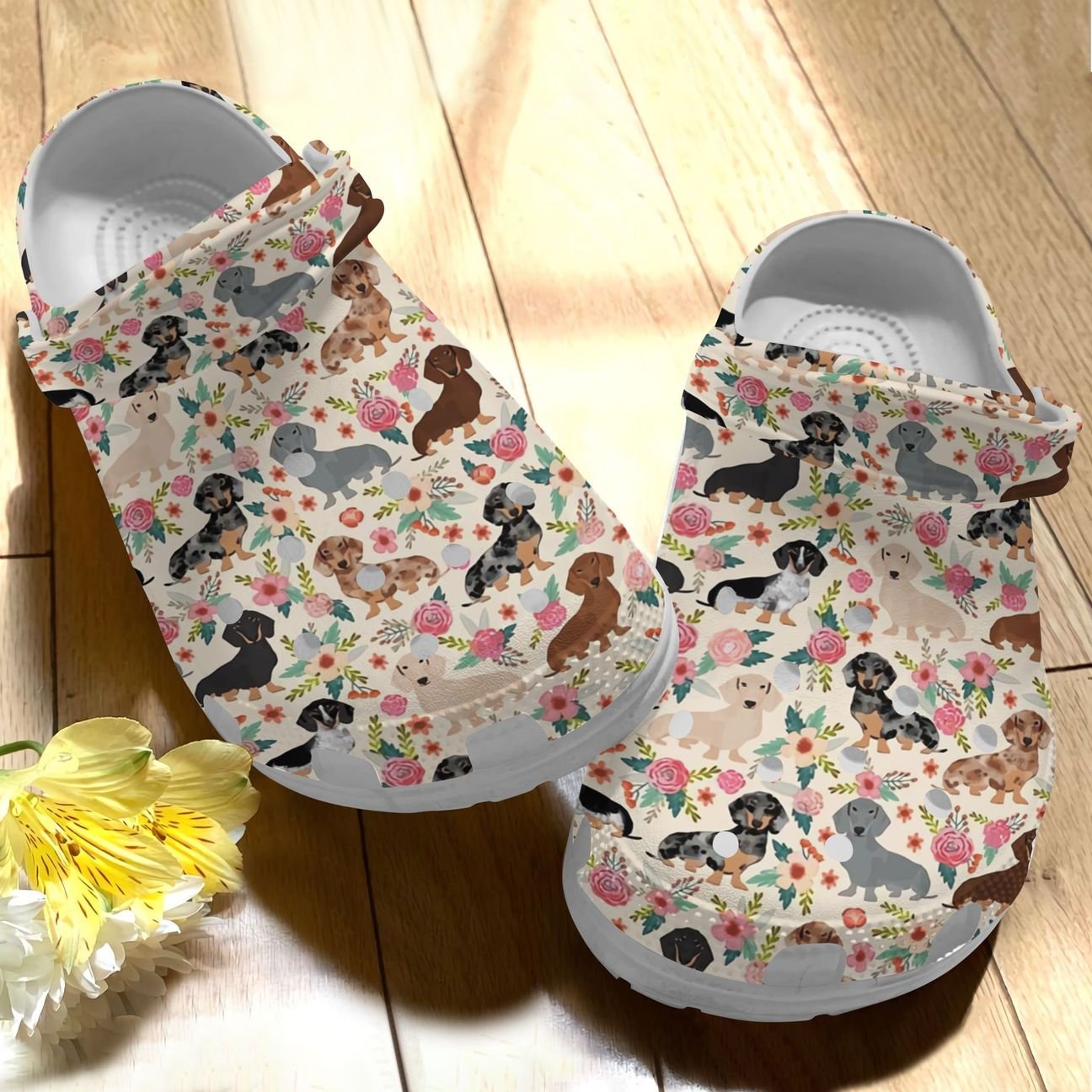 Dachshund Personalize Clog, Custom Name, Text, Fashion Style For Women, Men, Kid, Print 3D Whitesole Dachshund Floral Pattern V1