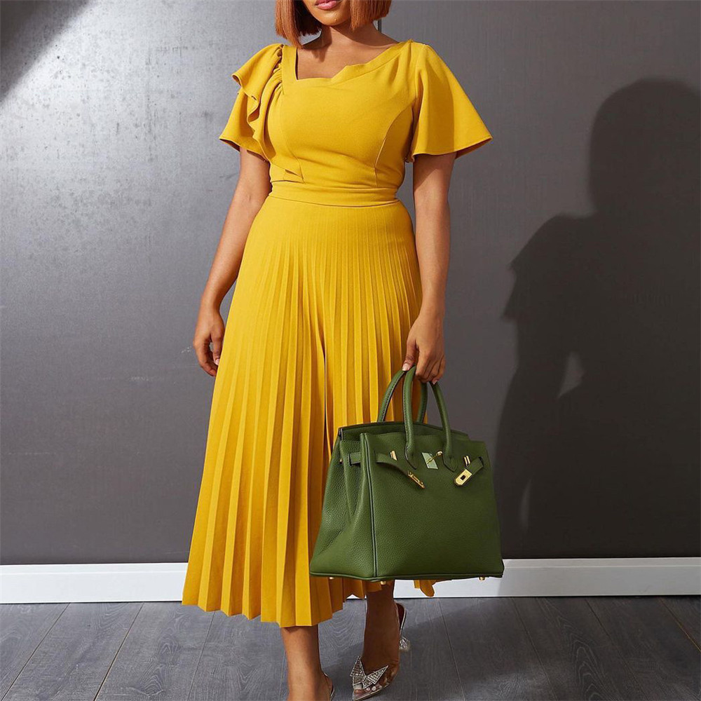 Wmstar Dresses Women’s Clothing Ruffled Short Sleeves Solid Pleated Big Hem Maxi Party Dress Summer 2022 Wholesale Dropshipping alx