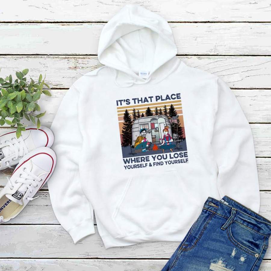 Camping couple it’s the place where you lose yourself forest retro vintage sunset white hoodie for men and women S-5XL