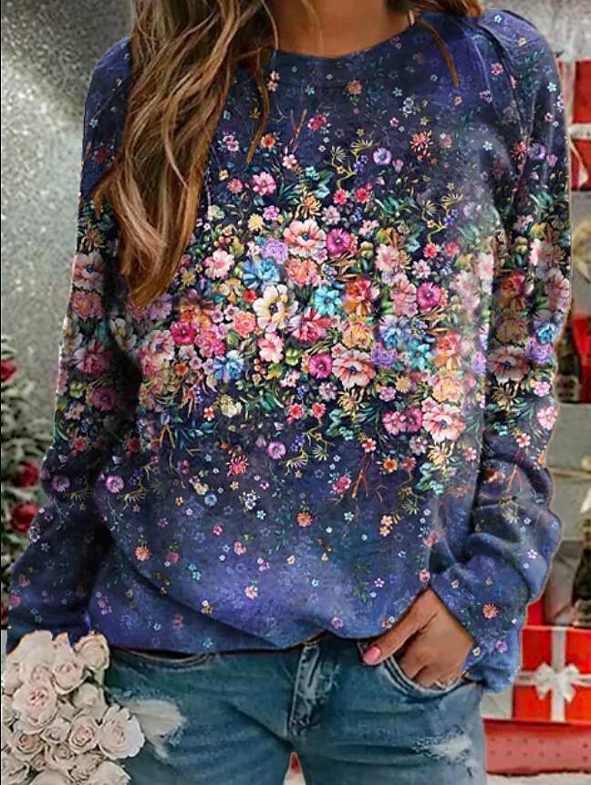 2022 Autumn Winter Women Floral Print Pullover Daily Street Round Collar Slim Loose Long Sleeve Ladies Casual T-shirt Sweater alx