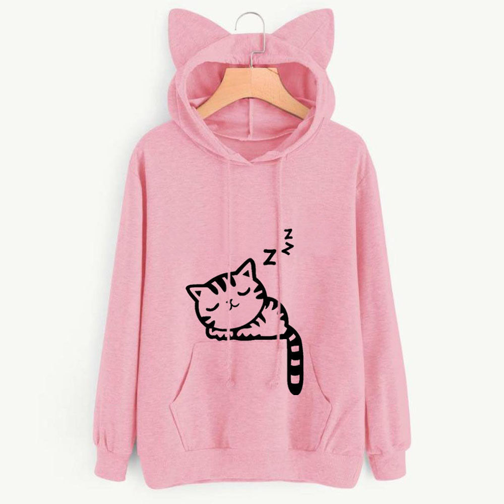 2021 Long Sleeve Hoodies Women’s Spring Autumn Harajuku Solid Fashion Hat With Ears Patchwork Tops Kawaii Cat Printed Sweatshirt alx