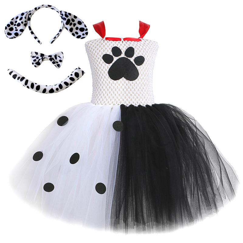 White Black Dalmatians Dog Tutu Dress Girl Cruella Villain Halloween Costumes for Kids Toddler Animal Puppy Outfit Clothes Set alx