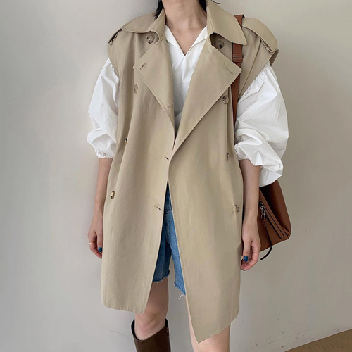 WAKUTA Women Casual Long Sleeveless Trench Coat Double Breasted Women’s Windbreaker 2021 Chic Office Solid Coat Ladies Outerwear alx