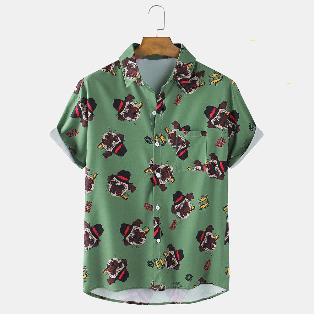 Cartoon Pug Dog Print Green Hawaii Shirt Ha86512