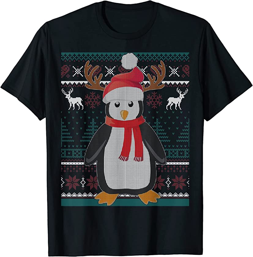 Penguin Reindeer Holiday Pajama Ugly Christmas Sweater T-Shirt