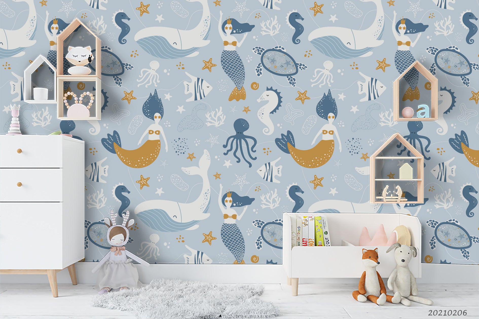 3D Cartoon Whale Octopus Mermaid Wall Mural Wallpaper Lqh 268