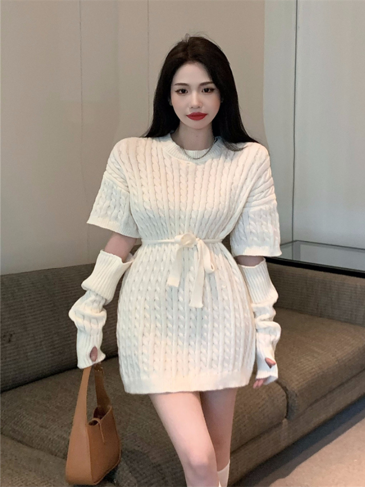 Autumn Korean Women O-Neck Knitted Dress Long Sweater Fashion High Street Knitwear Pullover With Oversleeve Female Casual Jumper alx