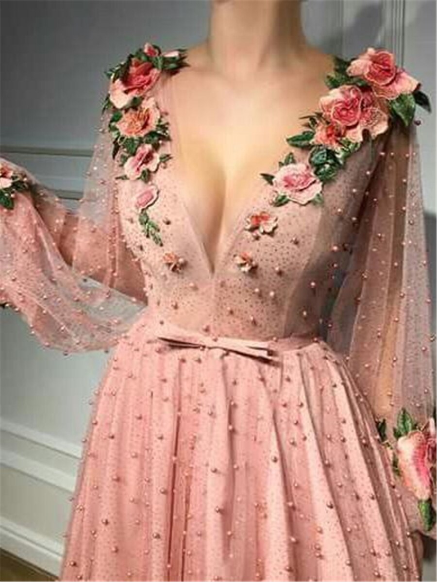 A-line Prom Dresses V neck Pink Long Prom Dress Evening Dresses With 3D Flower Long Sleeves Evening Gowns alx