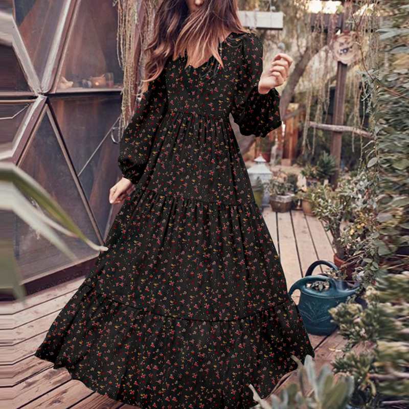 Women’s Autumn Sundress ZANZEA 2022 Fashion Ruffle Maxi Dress Floral Print Robe Casual Puff Sleeve Tunic Vestidos alx