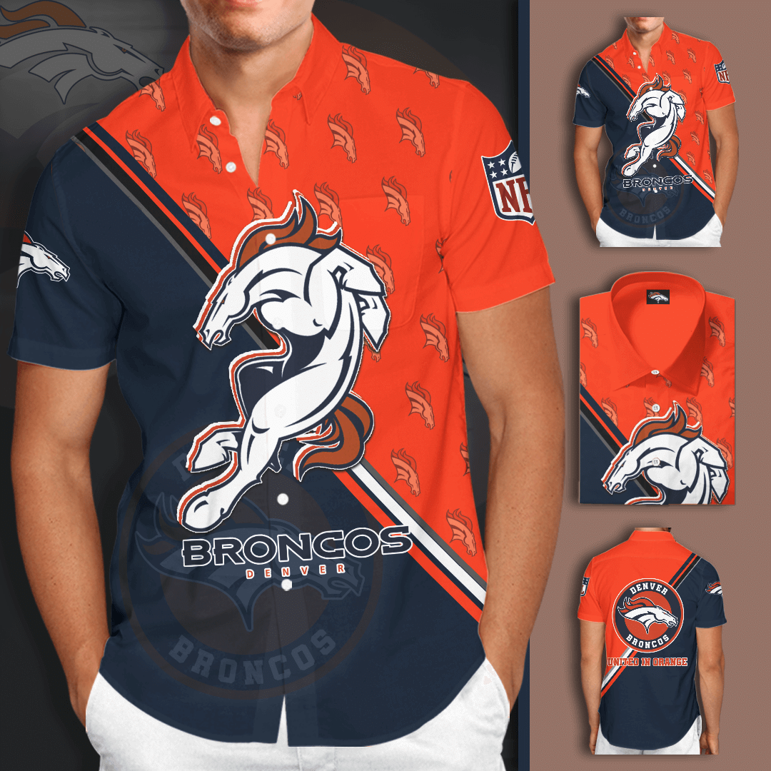 Denver Broncos Logo All Over Print 3D Short Sleeve Dress Shirt Hawaiian Summer Aloha Beach Shirt – Navy Orange-Tph