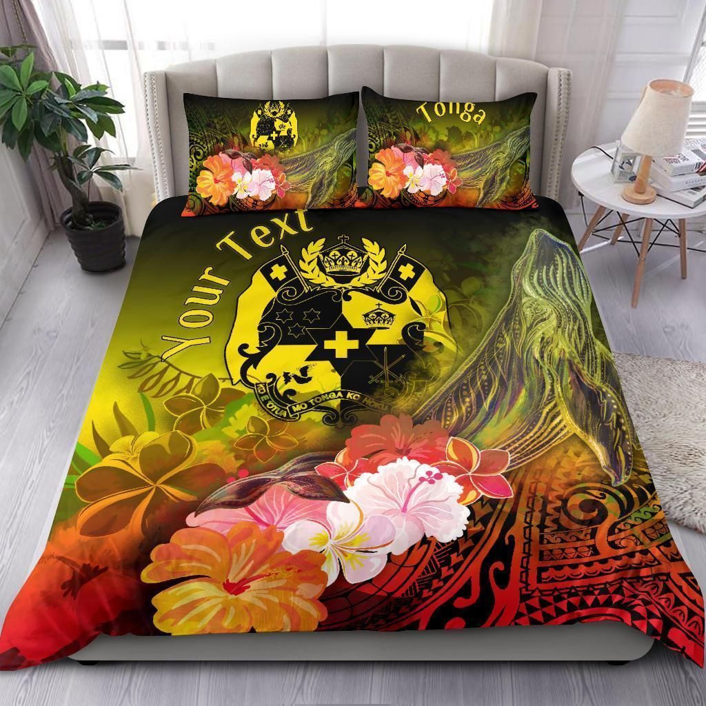 Alohawaii Bedding Set – Cover And Pillow Cases Tonga Custom Personalised – Humpback Whale With Tropical Flowers (Yellow)- Bn18