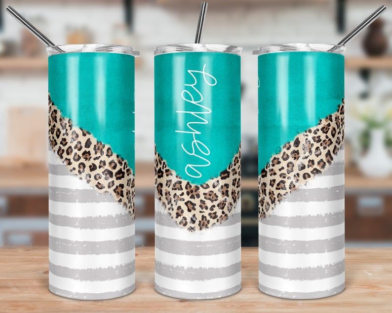 Personalized Turquoise And Leopard Print Striped YQ2204434CL Skinny Tumbler