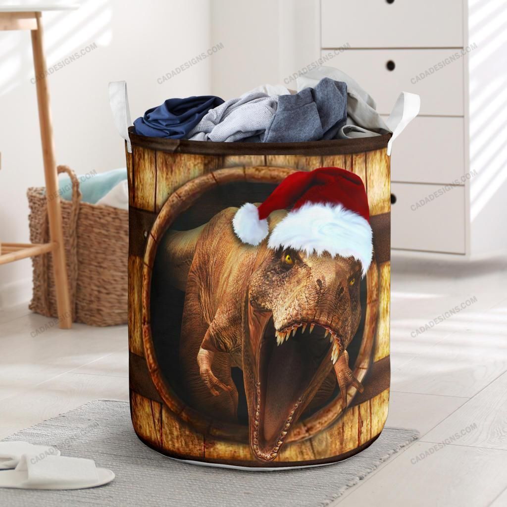 T-rex Wood Pattern Christmas 3d Laundry Basket Dinosaur W Santa Hat Vintage Gifts For Parents