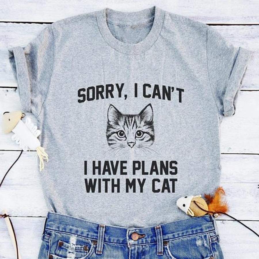 Sorry, I Can’T I Have Plans With My Cat Shirts For Women Funny Cat Graphic T-Shirt Short Sleeve Lady Tops Clothes