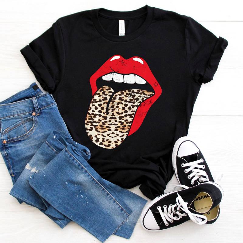 Crushtee Red Lips Leopard Tongue Trendy Animal Print Vintage T shirt, Red Lips Shirt, Kiss Shirt, Leopard Kiss Shirt, Leopard Shirt, Tongue Shirt Long Sleeve Hoodie