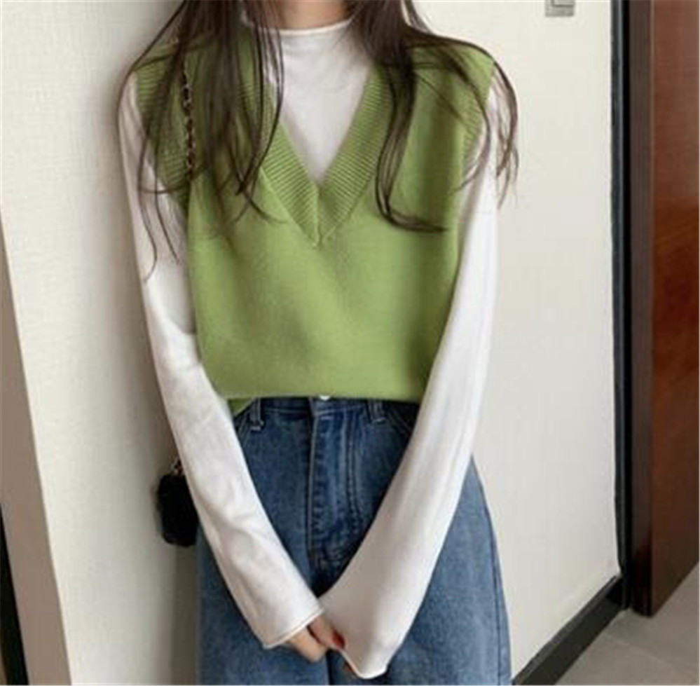 2021 Korean Sweater Vest Women Solid Autumn Winter All-match Leisure Outerwear Knitted V-Neck Sleeveless Female Elegant Simple alx