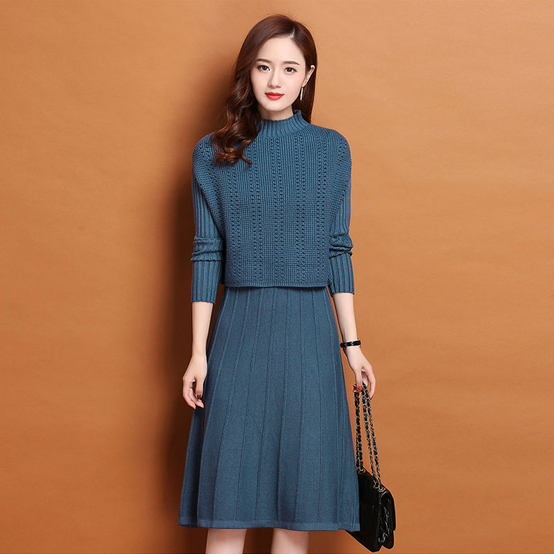 2022 Spring Autumn Knitted 2 Piece Set Women Long Sleeve Round Neck Pullover Sweater Dress + Lady Knitting Sleeveless Vest Suit alx