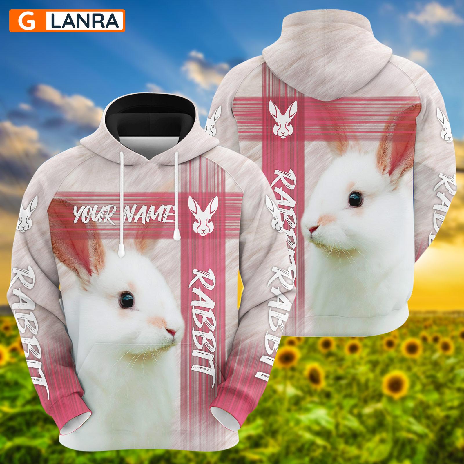 Personalized Rabbit Hoodie, Custom Rabbit Face Hoodie, Cute White Rabbit 3D Hoodie, Unisex Zip Hoodie, Sweater, Sweatshirt