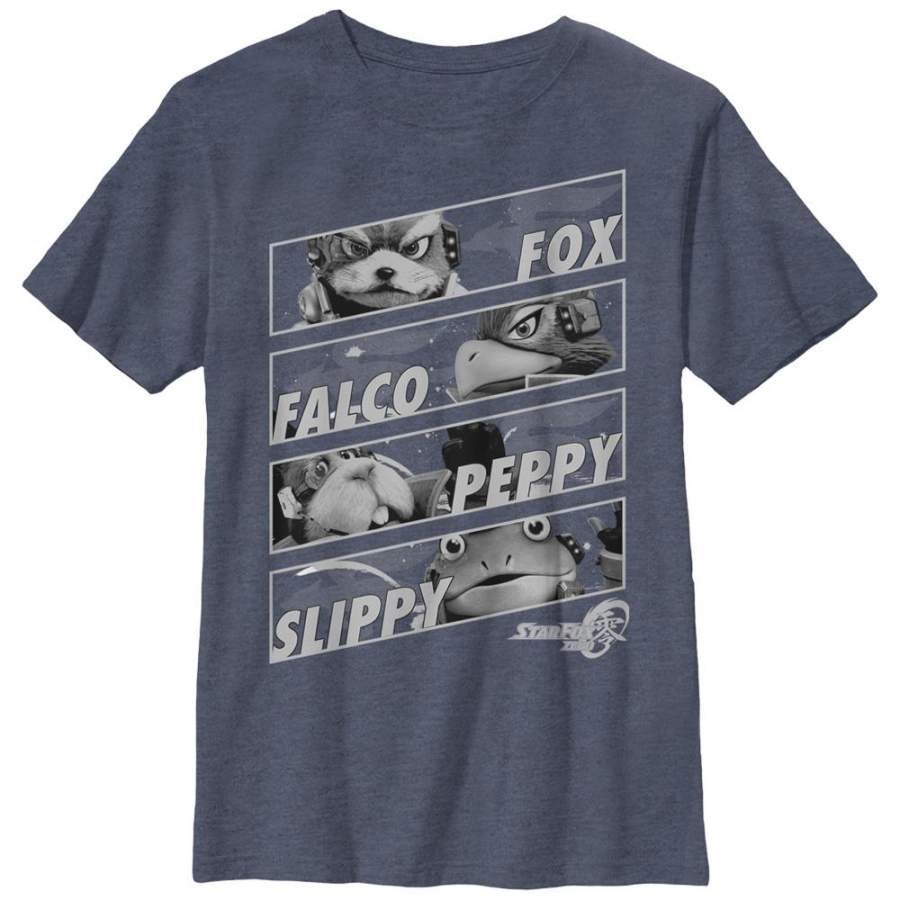 Nintendo Boy’s Star Fox Zero Character Panels  T Shirt Navy Blue Heather