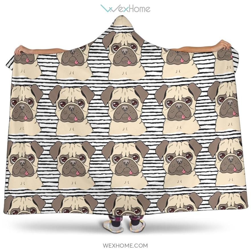 Happy Pug Pattern Hooded Blanket