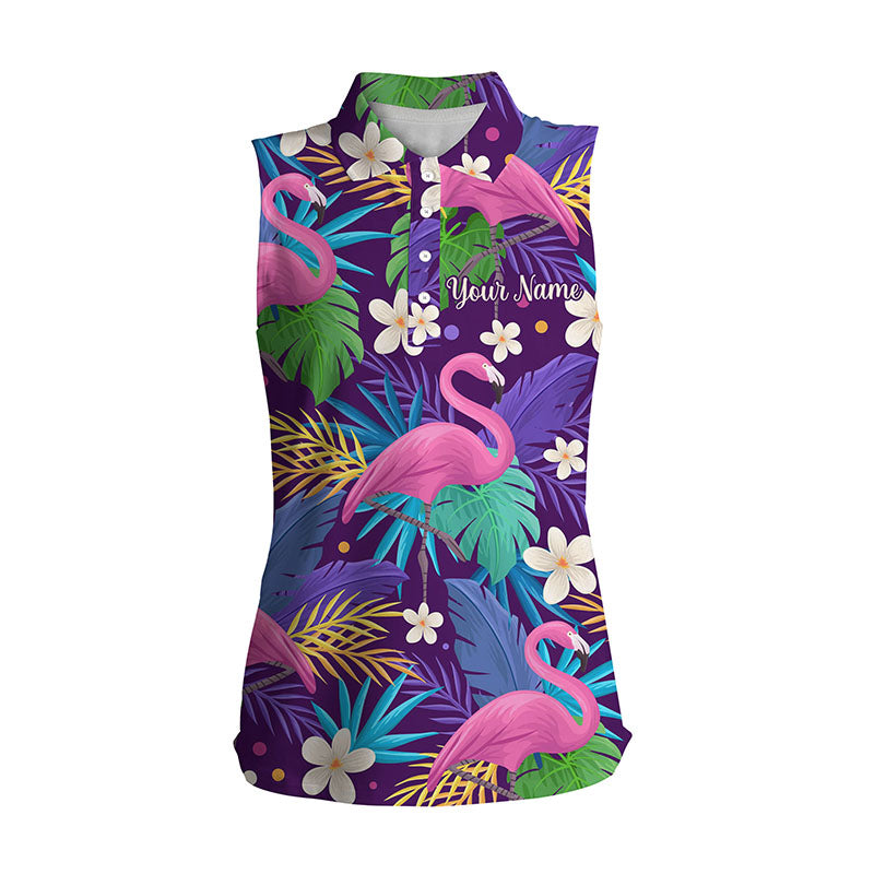 Personalized Women’S Sleeveless Golf Polo Shirt Floral Flamingo Pattern Tropical Leaves Custom Team Golf Shirts