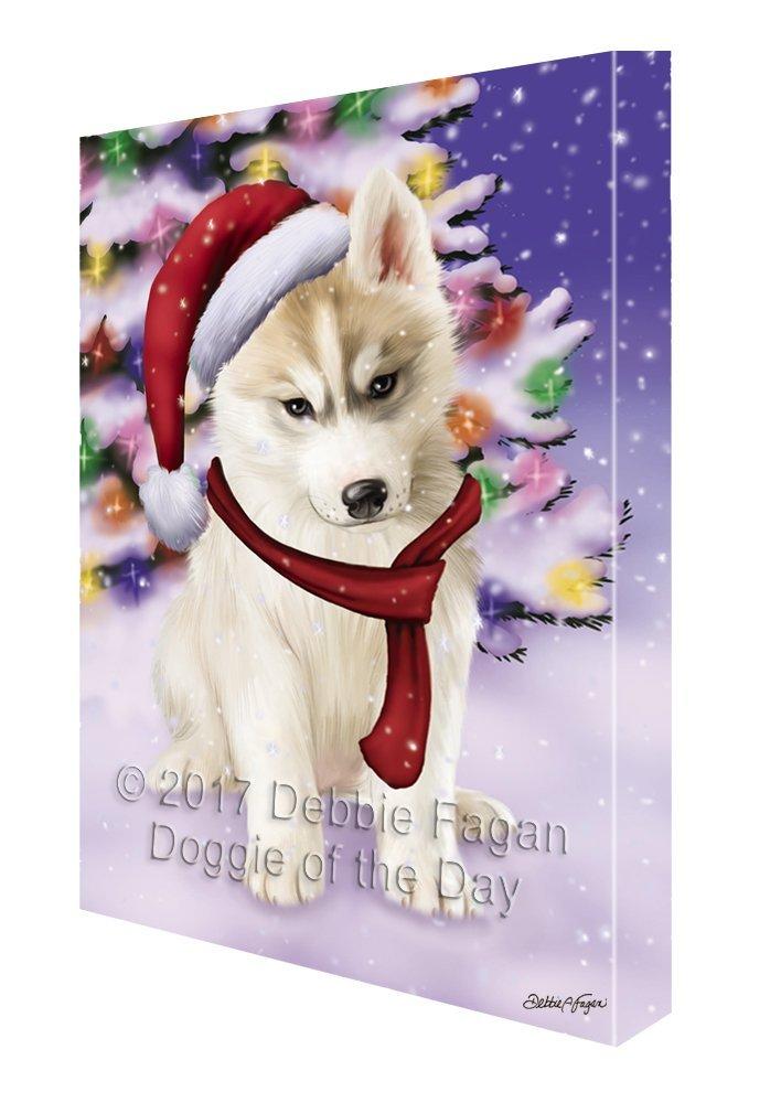 Winterland Wonderland Siberian Huskies Puppy Dog In Christmas Holiday Scenic Background Painting Printed On Canvas Wall Art