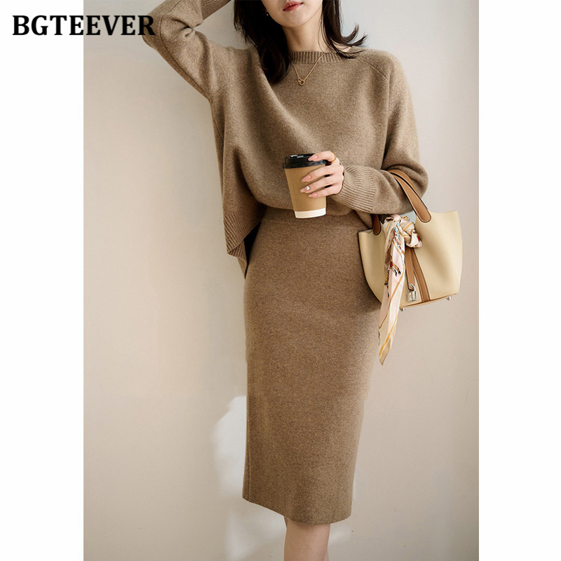 BGTEEVER Elegant Ladies Knitted Skirt Set Long Sleeve Sweaters Tops & Elastic Waist Split Skirts 2021 Winter Women 2 Pieces Set alx