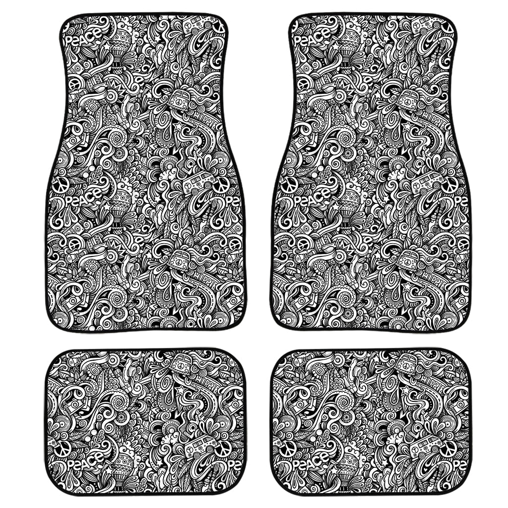 Monochrome Graffiti Hippie Pattern Print Front And Back Car Floor Mats, Front Car Mat