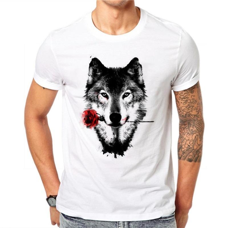 100% Cotton 3D Wolf Rose T Shirt Men Summer Funny Wolf Man’S T-Shirt Casual White Hip Hop Animals Shirt Plus Size 4Xl Df60