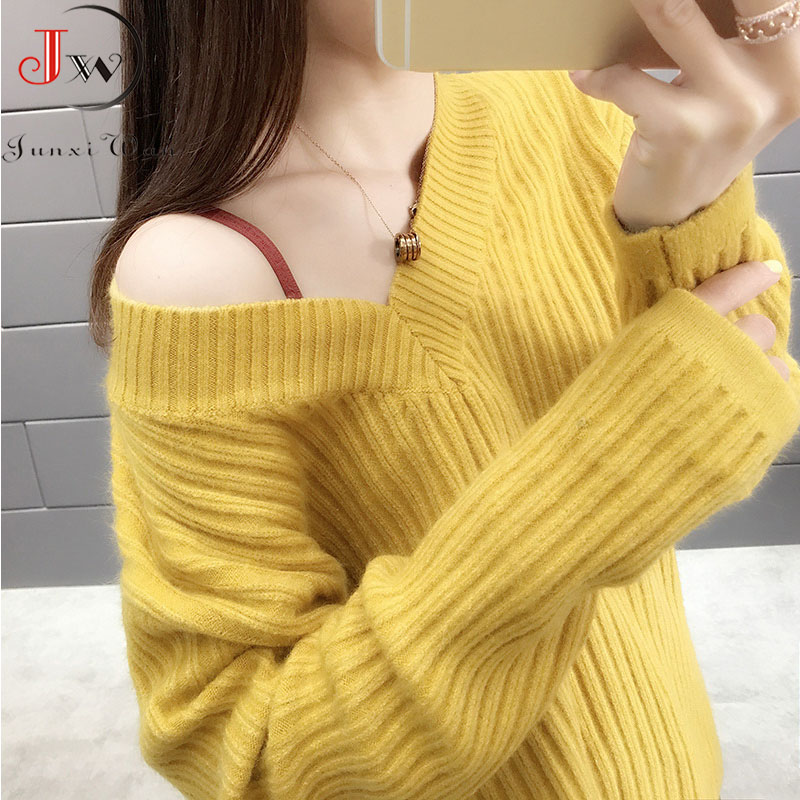 Women Sweater Autumn Winter Knitted Jumper Sweaters Casual Loose Long Sleeve V neck Soft Pullovers female Clothes alx