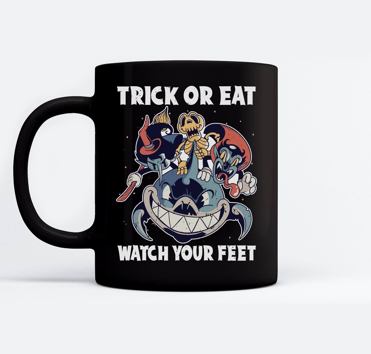 Trick Or Treat Watch Your Feet Halloween Scary Shark Lover Ceramic Coffee Black Mugs