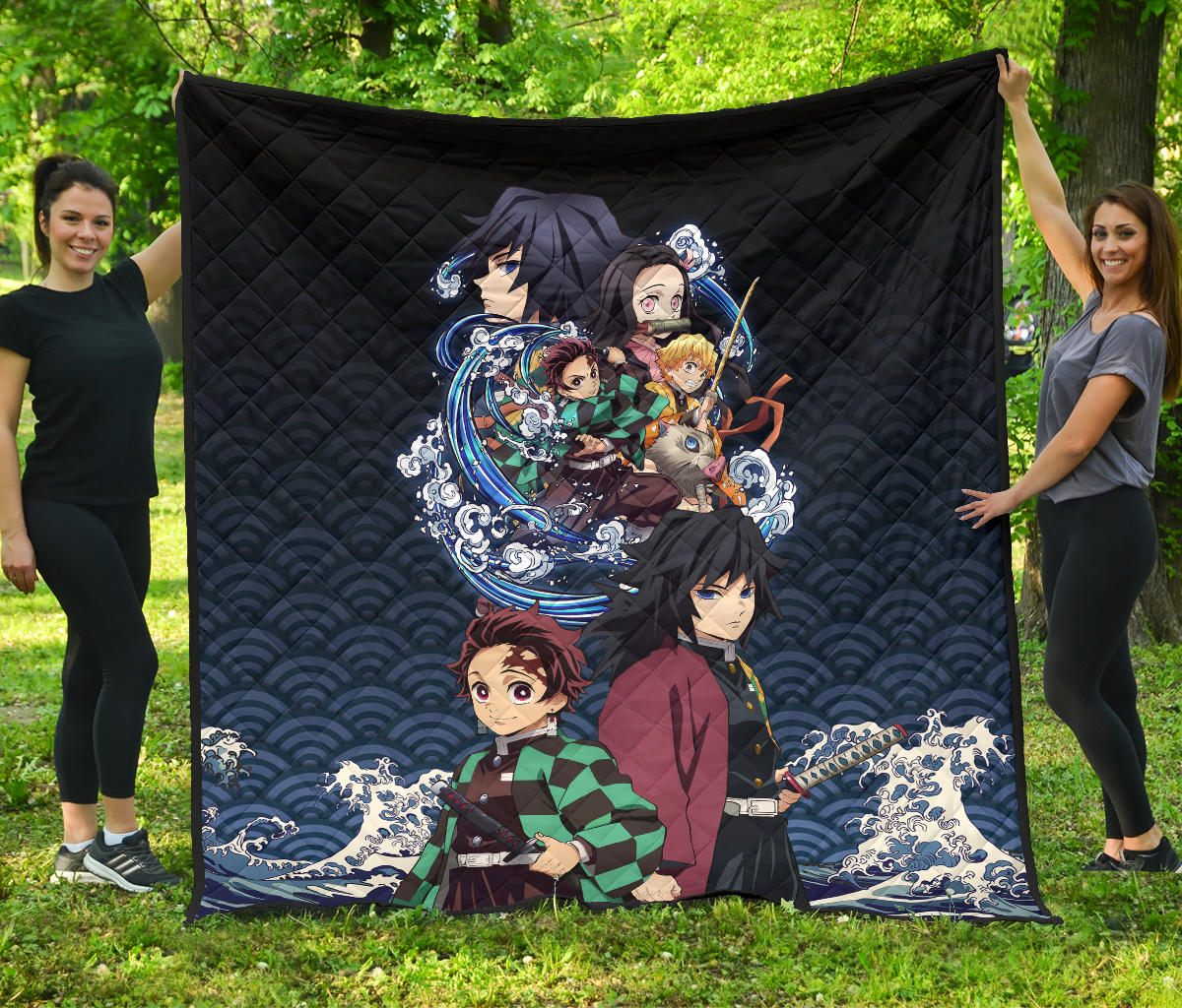 Demon Slayer Anime Premium Quilt – Main Characters Power In Battle Blue Wave Quilt Blanket