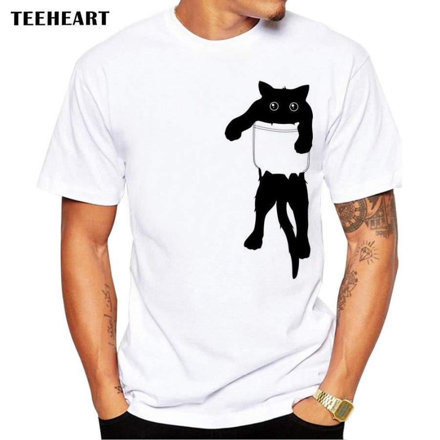 TEEHEART 2017 Summer Funny Cat in Pocket Design T Shirt Men’s   Animal Graphics Printed Tops Hipster Tees la661