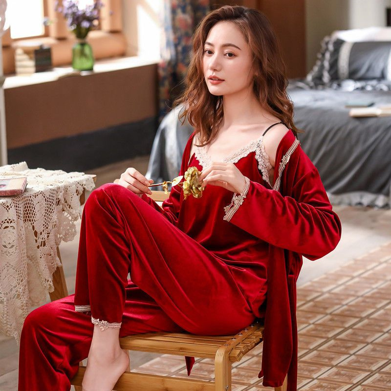 Velvet Pajamas Set Sexy Full Sleepwear For Women Pyjama Women’s Autumn/Winter Fashion Soft Lace 3PCS/Set Homewear Plus Size alx