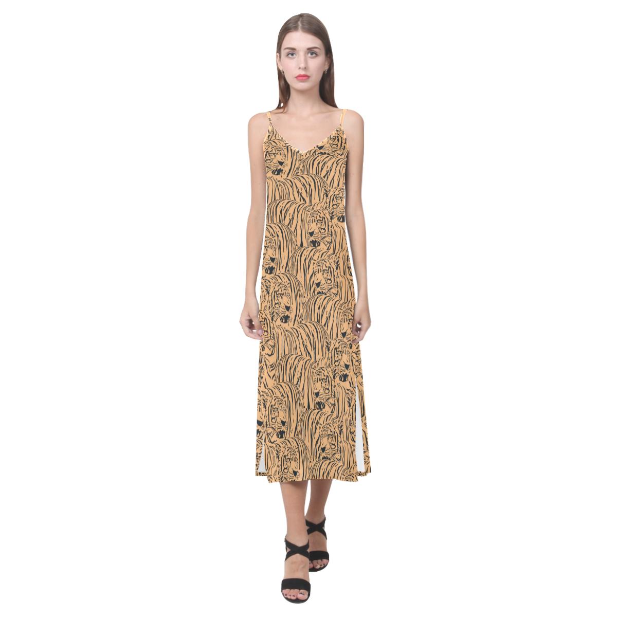 Bengal tigers pattern V-Neck Open Fork Long Dress