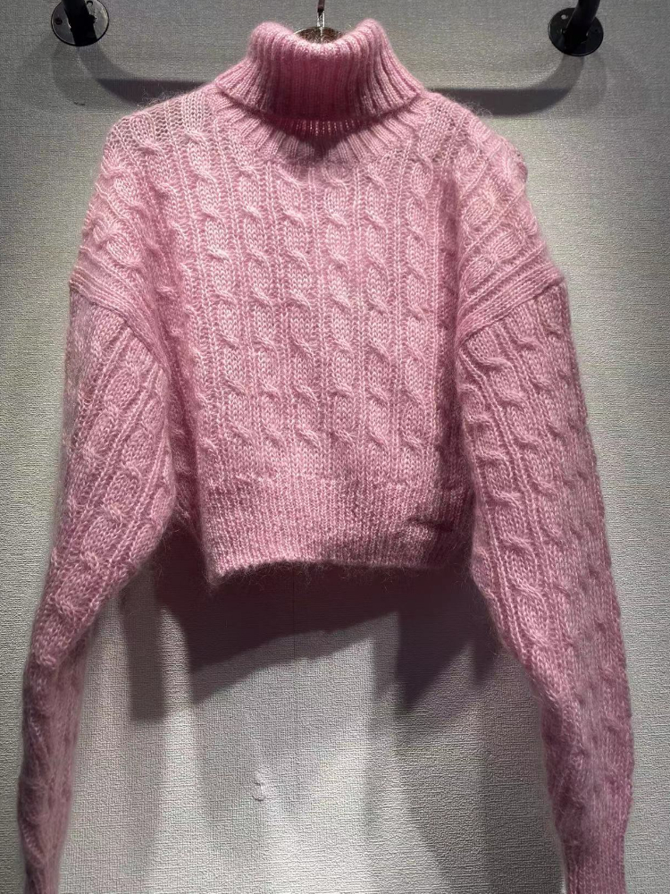 2022 Autumn and Winter New Pink High Collar Ribbed Knitted Women Casual Pullover Sweater Top alx