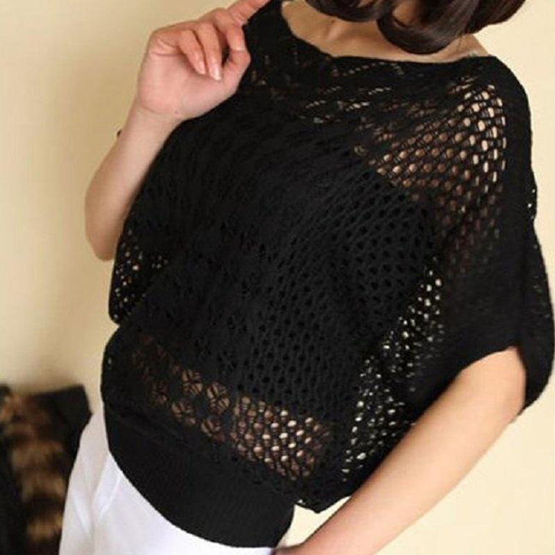 Spring Summer Half Batwing Sleeve Women Jumper Sweater Fashion Sexy Hollow Out Round Neck Loose Knitted Tops Pullover Large Size alx