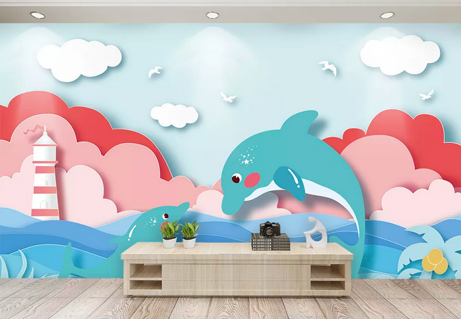 3D Cartoon Dolphin Lighthouse Wall Mural Wallpaper 282