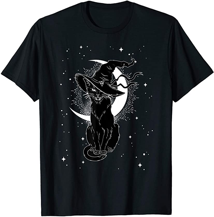 Vintage Scary Halloween Black Cat Costume Witch Hat And Moon T-Shirt