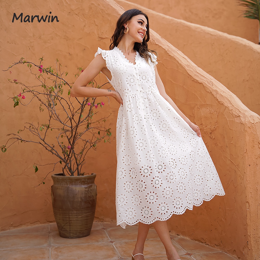 Marwin Long Simple Casual Solid Hollow Out Pure Cotton Holiday Style High Waist Fashion Mid-Calf Summer Dresses NEW Vestidos alx