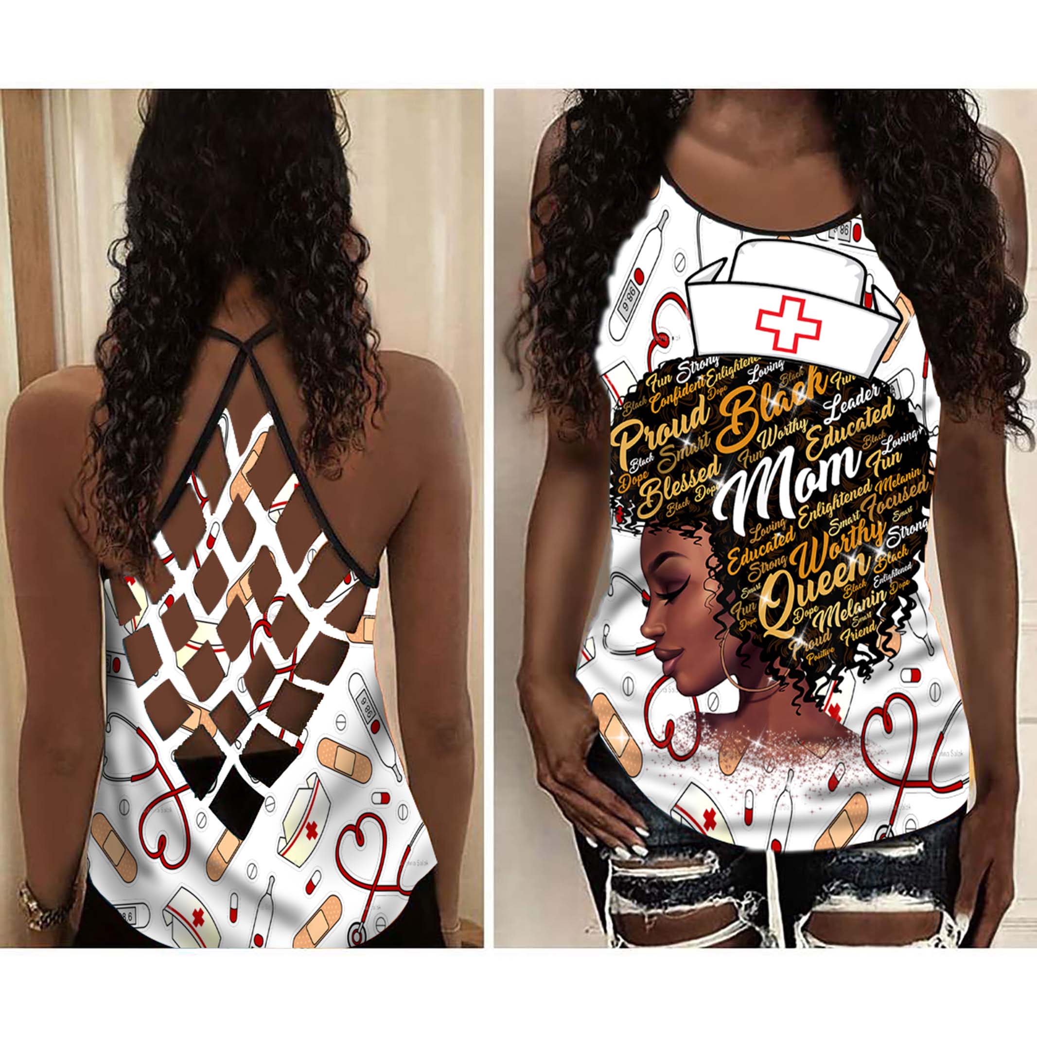 Proud Of Black Nurse Tank Top Shirt Women – Melanin Queen Cross Open Back Camisole Tank