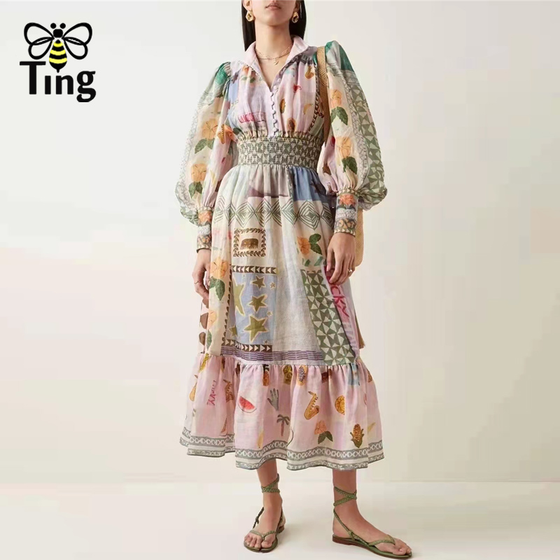 Tingfly Vintage Elegant Floral Print Lantern Sleeve Long Party Dresses Women Retro Summer Chic Casual Bohemian Elbise High Quali alx