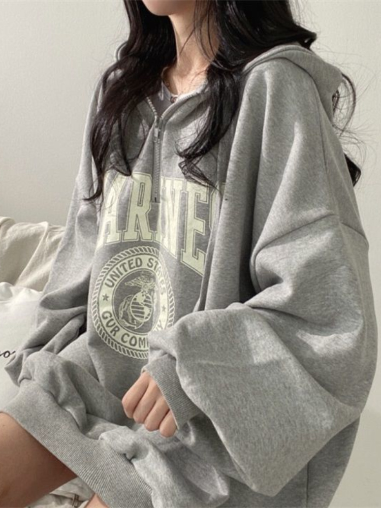 BabYoung Hip Hop Zip Up Oversized Hoodies Women Harajuku Letter Print Sweatshirts Gray Vintage Long Sleeve Casual Tops Grunge alx