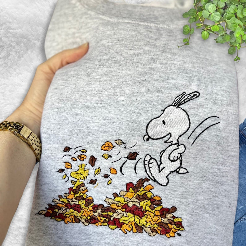 Fall Sn00Py Embroidered Sweatshirt, Sn00Py Autumn Leaves Pumpkin Sweatshirt, Halloween Cartoon Dog Embroidery