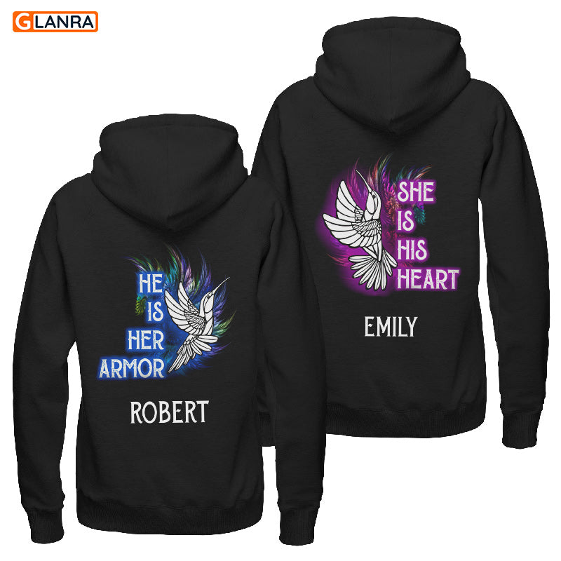 Personalized He Is Her Armor She Is His Heart Hoodie, Custom Hummingbird Couple Hoodie, Couple Hoodie, Hummingbird Hoodie, Unisex Sweater, Sweatshirt