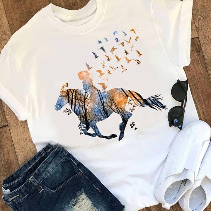 Girl Riding Horse Silhouette Birds Forest Standard Women’s T-shirt