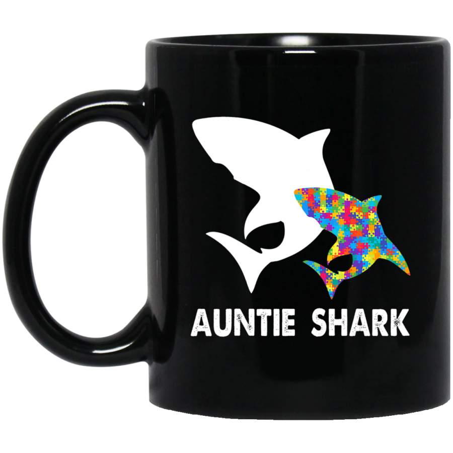 Auntie Shark Of Autism Warrior Autism Awareness Gift 11oz 15oz Black Mug Idea 2nd April Puzzle Ribbon Support Autism Dad Mom Kids Autistic