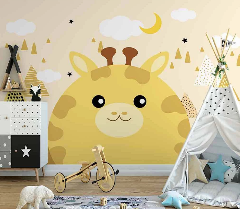 3D Cartoon Moon Star Sky Yellow Giraffe Animal Wall Mural Wallpaper Lxl