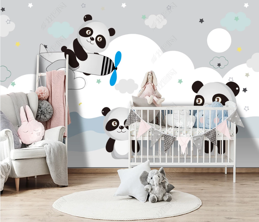 3D Cartoon Animal Panda Airplane Wall Mural Wallpaper Lqh 131