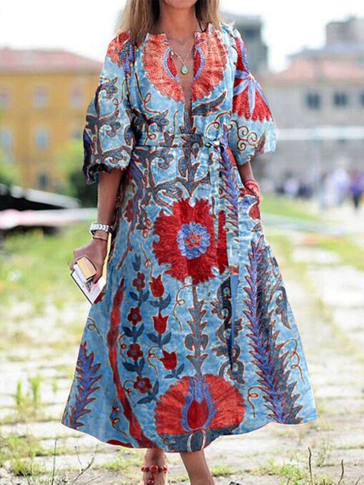 2022 Autumn French Style Women Casual Dress Kaftan Print Large Swing A-line Maxi Vestidos Eid Mubarak Abaya Sundress Robe alx